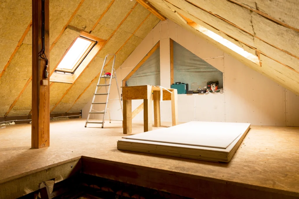 an attic with insulation installed