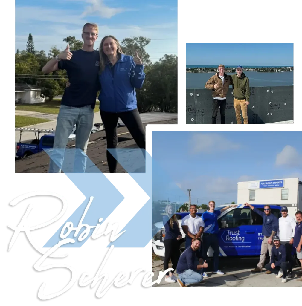 A collage of photos featuring the Scherer family and Trust Roofing team.