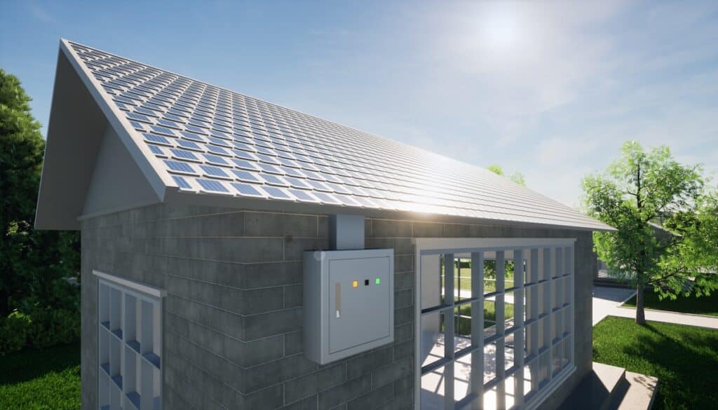 eco house building design and green power energy consist of solar cell or photovoltaic cell in solar shingles and electrical cabinet. System technology for generate electrical power.