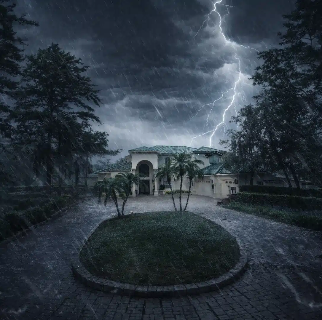 House with Green Worthouse roof in the rain